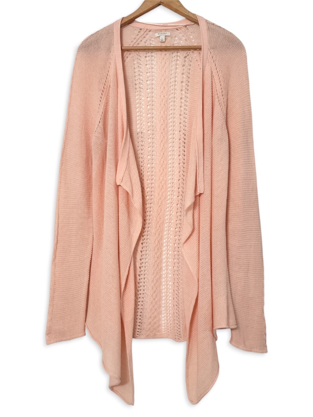 Sonoma Lace Knit Waterfall Cardigan Sweater Crochet Back Open Drape Pink Peach